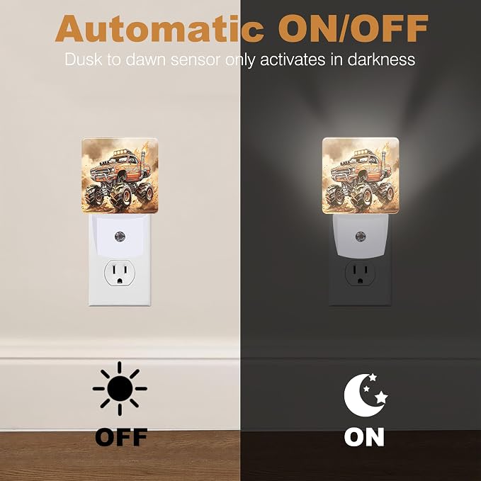 Night Light Off Road Trucks Night Lights Plug into Wall with Dusk to Dawn Smart Sensor for Bedroom Bathroom Hallway Kitchen, Warm Nightlights for Boys Girls Women Men
