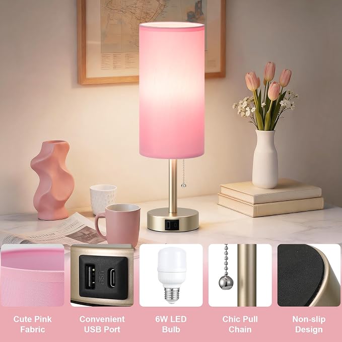 Pink Bedside Table Lamp for Bedroom - Small Nightstand Lamp for Girls | 3 Color Temp, USB A+C Ports, LED Bulb Included, Soft Pink Fabric Shade, Mocha Gold Metal Base, 14" Desk Lamp for Kids Dorm