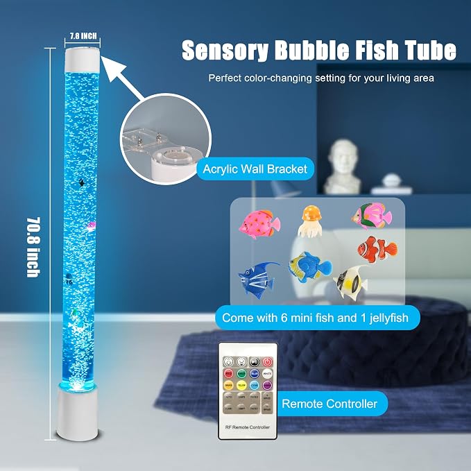 6FT Super Large Sensory Fish Bubble Light Tube, Wall Mountable Aquarium Column with Remote & 8 Color Changing Lights – Calming Sensory Night Light for Kids, Adults, and Special Needs