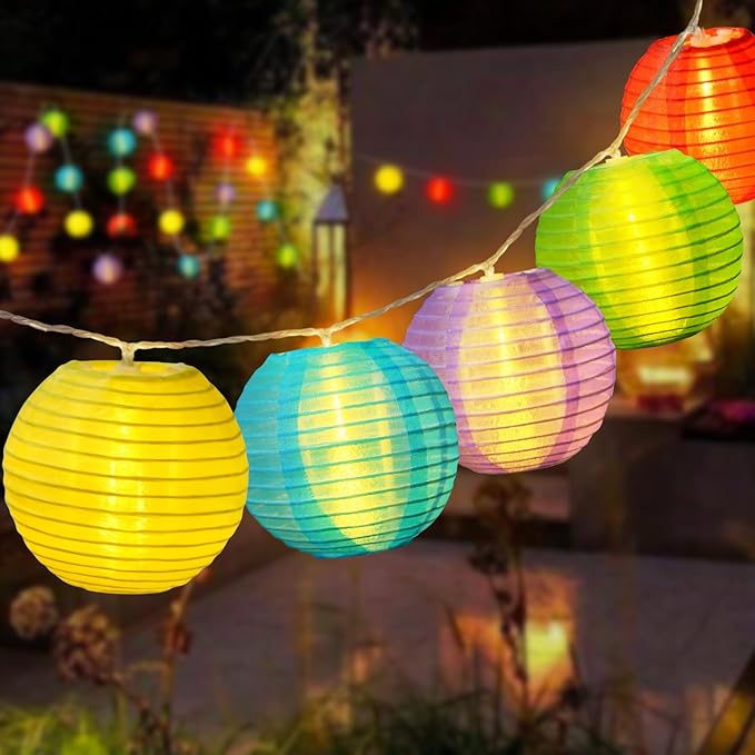 RJZZ Lantern String Lights Multicolor Lantern Lights 9.4Ft Nylon Lanterns with Lights Battery Operated 10 Count Summer String Lights Indoor Outdoor Hanging Lights for Bedroom, Nursery, Patio, Party