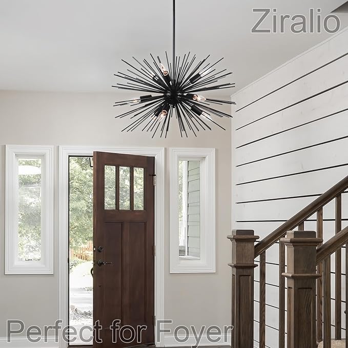 24in Black Sputnik Chandelier Mid Century Modern 9-Lights Starburst Chandelier Solid Metal Firework Urchin Satellite Chandeliers for Dining Room, Kitchen, Bedroom, Living Room, Foyer, E12
