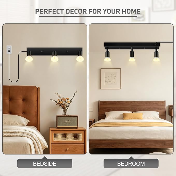 3 Head Plug in Track Light Fixture Black, Easy Install Corded Track Lighting Kit with Switch, Adjustable Directional Spotlight for Kitchen Island Closet Art Display, Modern Ceiling Lamp,15ft Cord