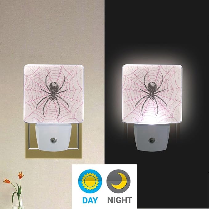 Black Spider on Pink Web Night Light Dusk to Dawn Sensor LED Night Dimmable Nightlight Lights Plug into Wall for Living Room