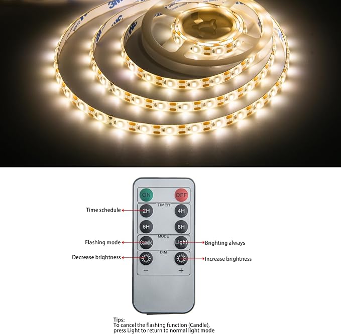 Battery Powered Led Strip Lights,6.56FT 120Led Battery led Strip Lights for Remote,Blinking,Dimmable,Timer,Cuttable,for Indoor Outdoor TV Table Boat Kitchen Christmas,Waterproof（Warm White）