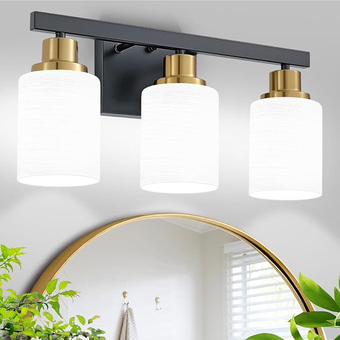 3-Light Vanity Lights,Black and Gold Bathroom Light Fixtures,17" | Modern Black Vanity Lights with White Frosted Glass Shade,Bathroom Lighting Fixtures over Mirror Wall Lamp Sconces
