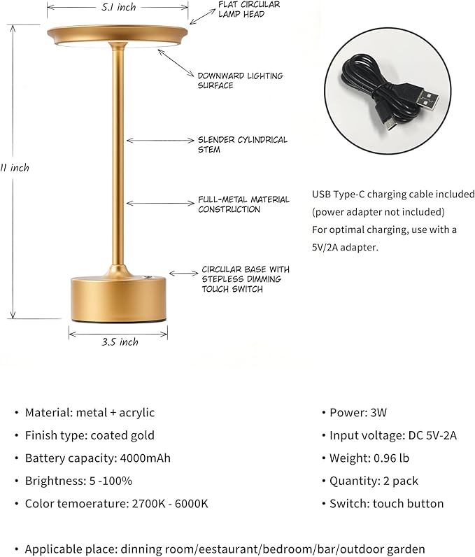 PUSU Rechargeable Table Lamps Set of 2, Gold Cordless Portable Desk Lamp | 4000mAh Battery, Stepless Dimming & 3 Color 2700K-6000K, LED Lamp for Bedroom, Living Room, Restaurant, Outdoor, Night Light