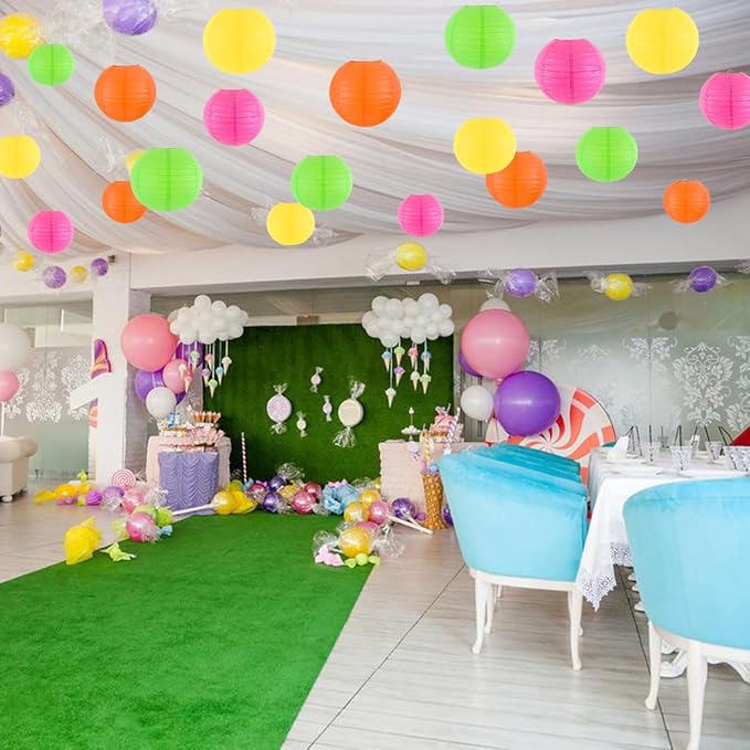Paper Lanterns Party Decorations, Hanging Round Chinese Lanterns for Glow in The Dark Party Neon Birthday Decorations Pack of 20 Colorful