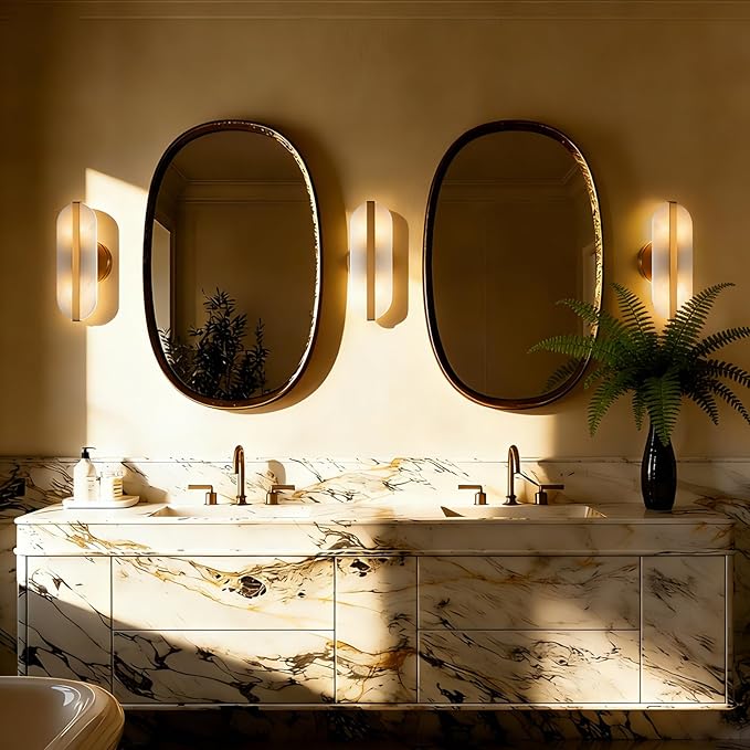 Natural Alabaster Wall Sconces Set of Two Marble Wall Sconces Hardwired | Gold Bathroom Vanity Wall Light Fixtures Modern Oval Stone Wall Lamp for Bedroom Living Room Hallway Restaurant, 11.8in