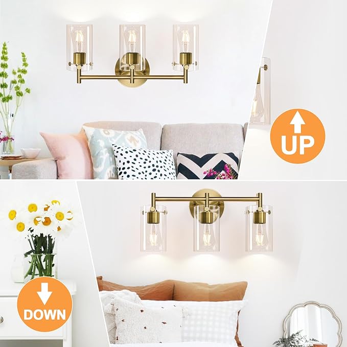 Bathroom Light Fixtures, 3-Light Brass Vanity Light, Black Bathroom Lights Over Mirror with Clear Glass Shade, Wall Sconces for Mirror Bedroom Living Room Hallway