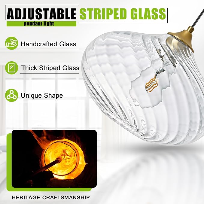 11in Gold Pendant Lights Kitchen Island with Clear Glass Shade 1Pack | Handcrafted Glass Pendant Light Fixtures, UL Certified, E26 Base 100W Max, Height-Adjustable, Dimmable Hanging Pendant Light