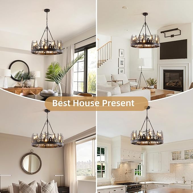 9-Light Rustic Farmhouse Chandelier, Black Wagon Wheel Pendant Light Fixture 23.6” Round Vintage Bear Chandelier for Dining Room Living Room Kitchen