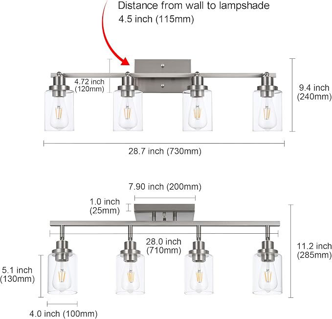 MELUCEE 4 Light Track Lighting Kit 28.7 Inch Bathroom Vanity Light Fixtures | Brushed Nickel Ceiling Spotlight Fixture for Hallway Porch Foyer Bath Storage, Clear Glass Shade