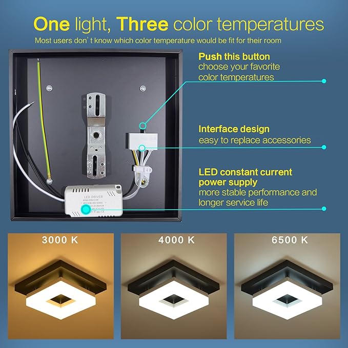 8in 12Watt Flush Mount led Ceiling Light fixtures.Modern Ceiling Lamps for Hallways,Balcony,Cloakroom, Small Closet,Washrooms,stairwell,Square,Black
