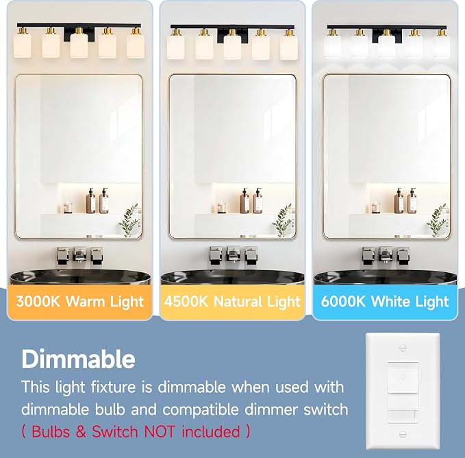 5-Light Black and Gold Vanity Light,Bathroom Lighting Fixtures,30" | Bathroom Light for Mirror with Square Frosted Glass,Modern Wall Sconces fixtures over Sink Restroom,Living Room Hallway