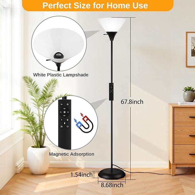 Coucrek Floor Lamp for Living Room, Torchiere Standing Light | Remote Control Stepless Dimmable Brightness & Color Temperature, 9W LED Bulb Included, Tall Lamp for Bedroom, Office, Dorm