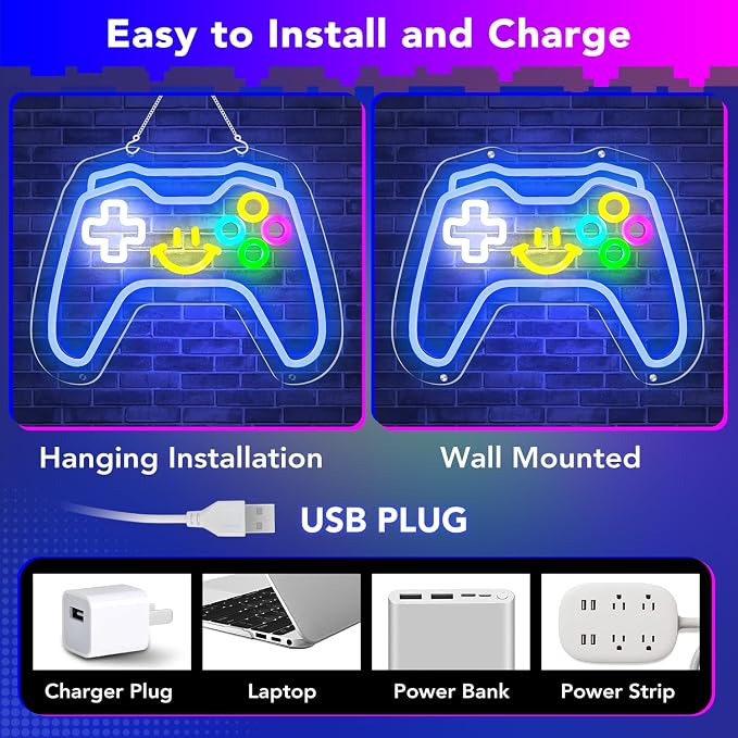 Gaming Neon Signs Controller LED Sign with Remote for Gamer Room Decor, Gamepad Shaped LED Neon Sign for Son Gamer Lovers Gifts, Game Neon Light Smile Face for Basement Bedroom Boys Man Cave Kids Teen