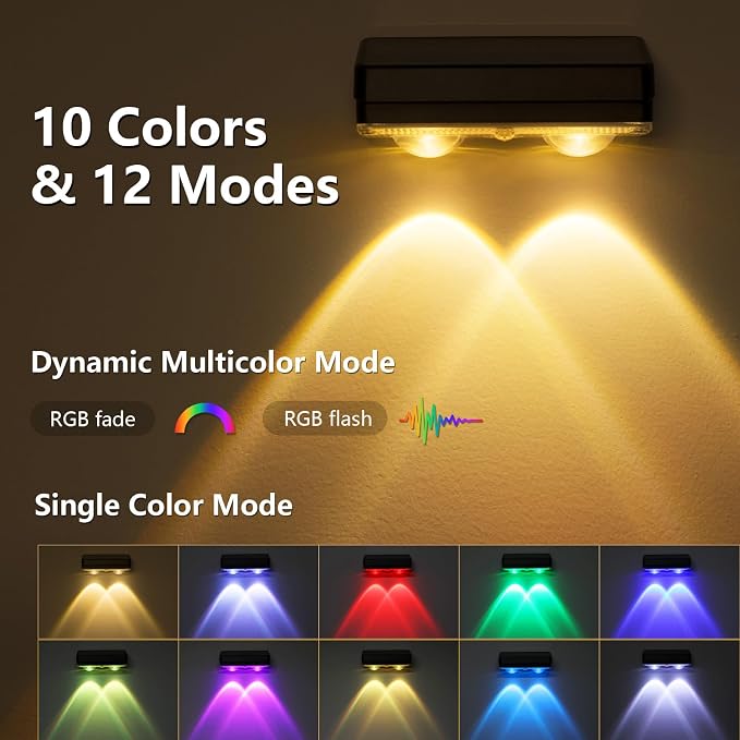 VOLISUN Solar Fence Lights Outdoor 16 Pack, 50Lumen RGB Color Changing | 2 LED Downlight, IP65 Waterproof, 10 Colors ＆ 12 Modes, Fence Lights Solar Powered for Backyard, Deck, Patio, Railing