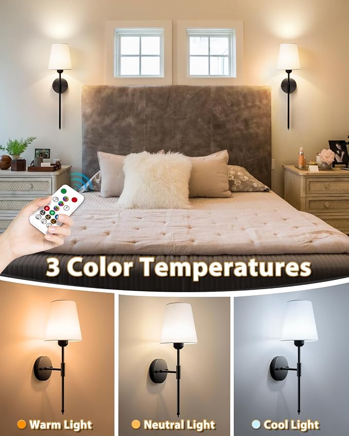 Adetu Wall Sconces Set of 2, Battery Operated Wall Sconce | 10000mAh Magnetic Bulbs and Remote, RGB & 5%-100% Dimmable Rechargeable Wall Lights for Bedroom Living Room Hallway Decor