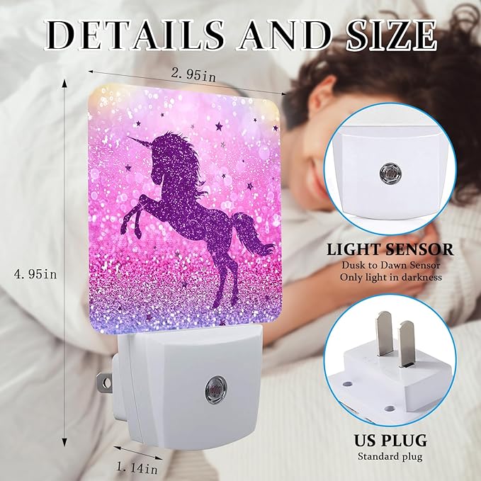 Cartoon Horse Silhouette Night Light, Plug-into Wall Pink Purple Glitter Nightlight Lamp with Dusk to Dawn Sensor, Led Lamp 0.5W Energy Efficient for Boys Girls Adults Home Decor