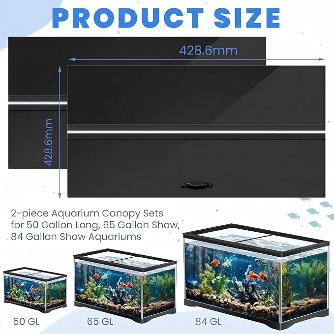 Sieral Aquarium Lids Polycarbonate Canopy with LED Light 2 Pcs Set 16.87 x 16.87 x 0.12 Inch for 50/65/84 Gallon with Center Brace Aquariums Cover Fish Tank Lid with a Hook Knife, Black