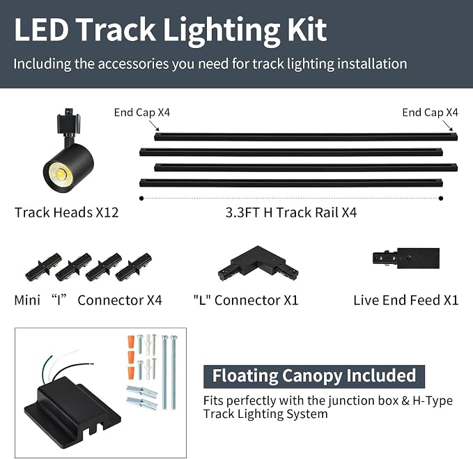5 Color 12-Light Track Lighting Kit with 13FT H Track Rail, Black | 10W Dimmable LED Track Lighting Fixtures Ceiling Spotlight 800LM, CRI90, Floating Canopy Connector Included for Installation
