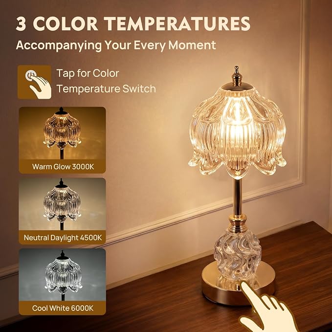 Flower Battery Operated Rechargeable Lamp Cordless, Lily, Clear | Small, Vintage, Gold, Wireless, LED, Dimmable, Table, Home Decor, Bedroom, Bedside, Nightstand, Birthday Gifts for Women