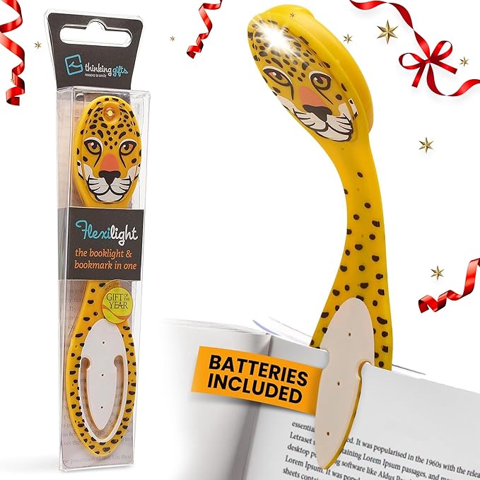 Gifts for Readers & Writers Book Light, Clip On Reading Light for Bed, 2in1 Flexilight & Bookmark, Small & Lightweight with a Soft Glow, 2 Batteries Included, Leopard