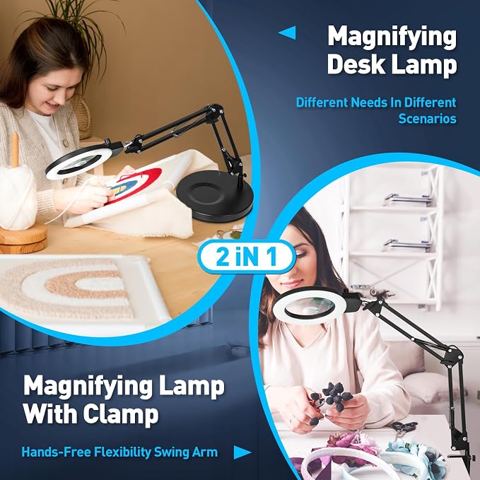 KIRKAS 12X 30X Magnifying Glass with Light and Stand, Overhead Knob 2 in 1 | Lighted Magnifier Lamp for Workbench, Craft, Sewing, Repair, Real Glass Lens Stepless Dimming and Color (9.06IN Base & Clamp)