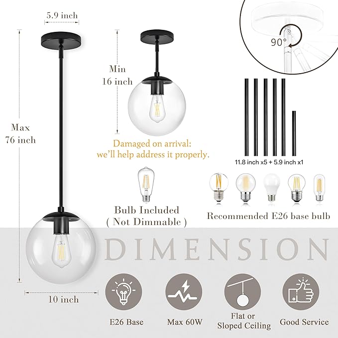 10" Globe Pendant Light Black 2 Pack Mid Century Pendant Light Globe Pendant Lights Kitchen Island Matte Black Finished with Clear Glass Adjustable Ceiling Light Fixtures for Dining Room Bar