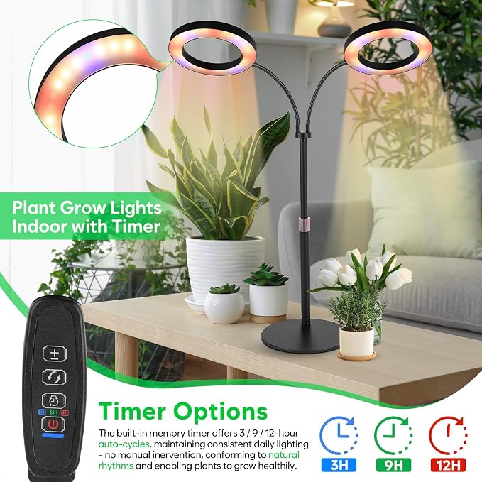 Grow Lights for Indoor Plants, 2-Head Full Spectrum & 3/9/12H Timer, Black | 144 LEDS Plant Light, 10 Dimmable Levels Indoor Plant Light, Flexible Gooseneck, 14"-23" Height Adjustable, Metal Base