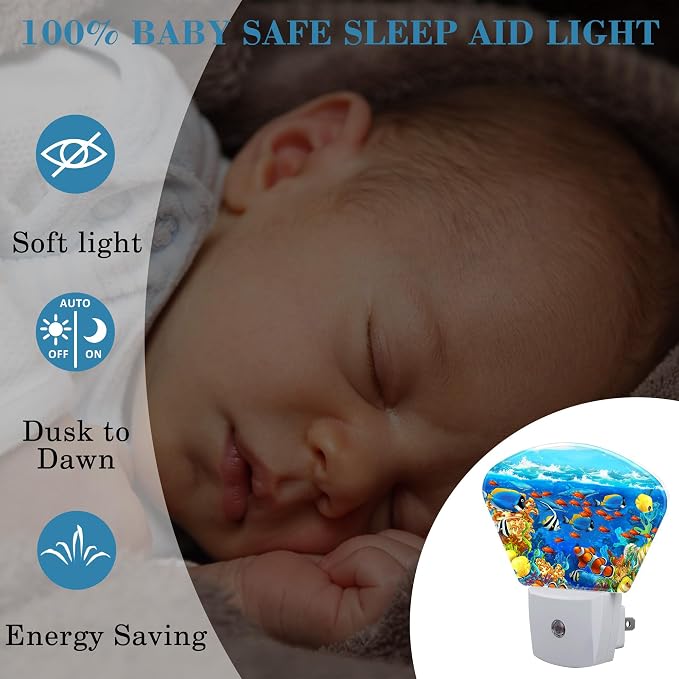 Cartoon Underwater World Night Light for Kids, Tropical Fish LED Night Light Plug into Wall with Dusk to Dawn Sensor for Girls Boys Women Men Room, Hallway, Kitchen, Bathroom, Stairs Decor
