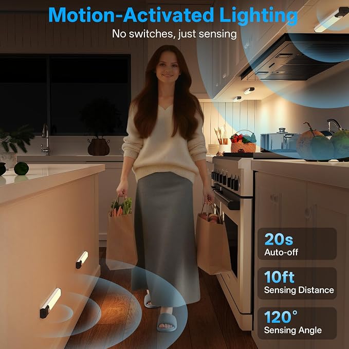 8inch Under Cabinet Lighting Wireless Closet Light Battery Operated | 6Pack Motion Sensor Light Indoor,3color Dimmable Closet Light Rechargeable Wireless,Under Counter Lights for Kitchen,Hallway