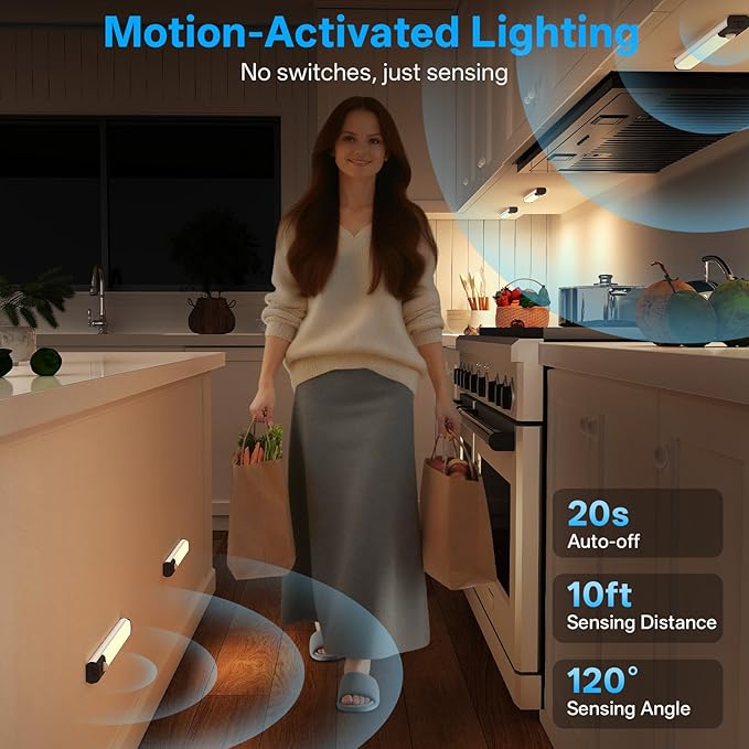 8inch Under Cabinet Lighting Wireless Closet Light Battery Operated | 3Pack Motion Sensor Light Indoor,3color Dimmable Closet Light Rechargeable Wireless,Under Counter Lights for Kitchen,Hallway