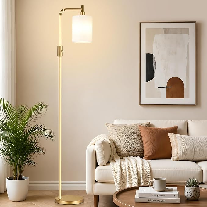 【Upgraded】 Dimmable Floor Lamp for Living Room with Opal Glass Lamphade, Gold Modern Glass Floor Lamp with 900LM LED Bulb Included, Arc Standing Tall Lamp for Bedroom, Office, Reading Room, Corner