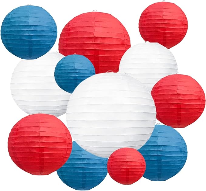 20Pcs Red Royal Blue White Paper Lanterns for Parties, 6” 8” 10” 12” Chinese Asian Hanging Round Paper Lanterns for 4 of July, Independence Day Home Decor Party Decor
