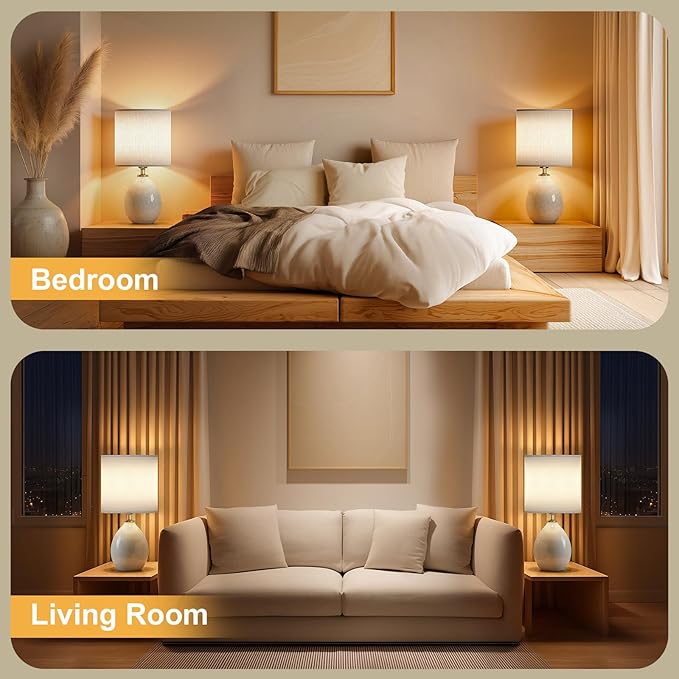 18.5" Table Lamps Set of 2 for Living Room Bedroom, Bedside Lamps for Night Stands, Modern Linen White Ceramic Lamps
