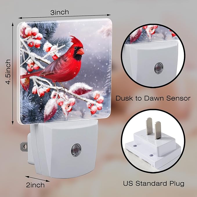 Winter Red Cardinal Bird Night Light for Kids,Christmas Pine Tree Snow Cardinal Night Light Plug in with Dusk to Dawn Sensor,0.5w Energy Saving Nightlight for Hallway Stairway Kitchen Bedroom