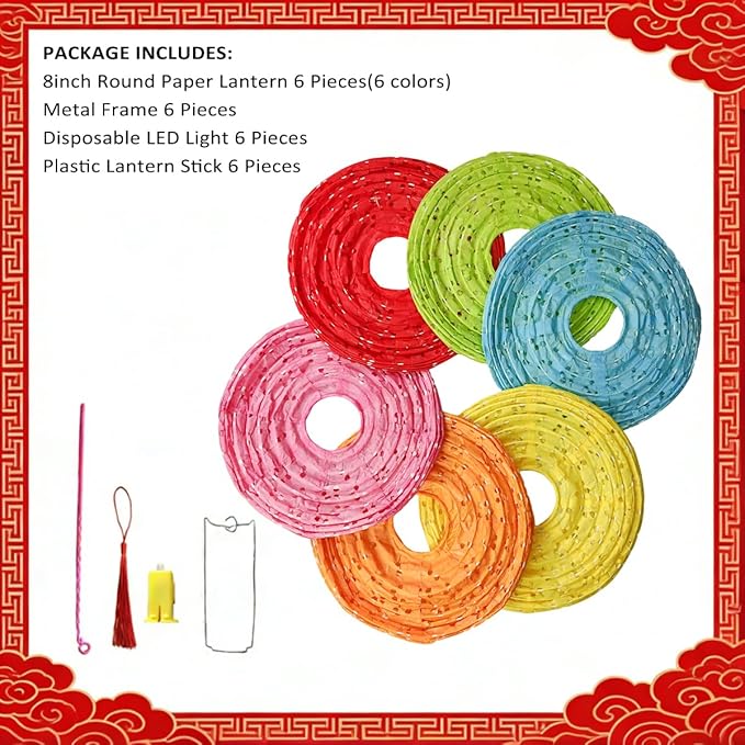 6Pcs Chinese Lunar New Year Decorations 2026 Chinese Paper Lanterns Decorative Japanese Hanging Paper Lantern with LED Lights Tassel Stick 8inch Round for Spring Festival Asian Party Home Decor