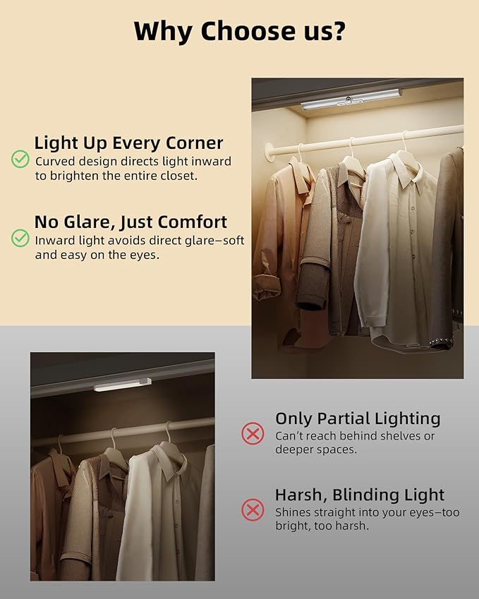 EZVALO 15inch Motion Sensor Closet Light, 1800mAh Rechargeable Battery-Operated LED Light, Rotatable Sensor, 3 Color Temperatures & Stick-On Light for Closet, Pantry, Stairs