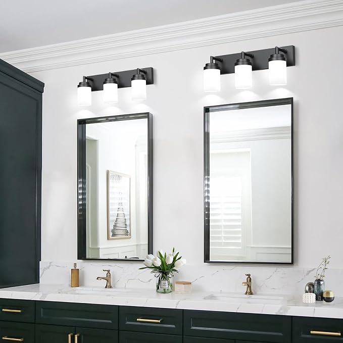 Bathroom Light Fixtures, Matte Black Bathroom Lighting Fixtures Over Mirror, Modern Vanity Light with White Glass Shade, Restroom Lighting Fixtures, 3-Light 22-inch