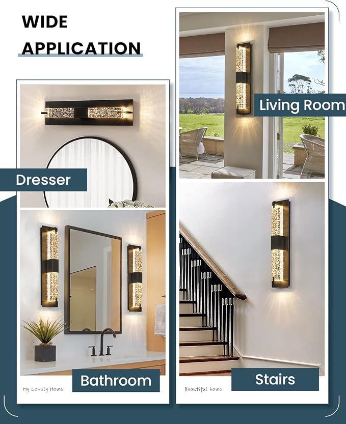 WOSHITU LED Wall Sconce Light: 19 Inch Black Modern Sconces Wall Lighting 3000K Dimmable Crystal Wall Lamps Indoor Bathroom Sconce Wall Mount Light Fixtures for Living Room/Bedroom/Hallway