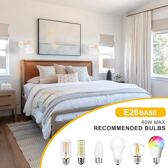 Wall Sconces Plug in, Swing Arm Wall Lamp with Power Cord, White Plug in Wall Lighting Fixtures Set of Two, Bedside Wall Mounted Reading Lamp with Switch, for Bedside Bedroom Hallway
