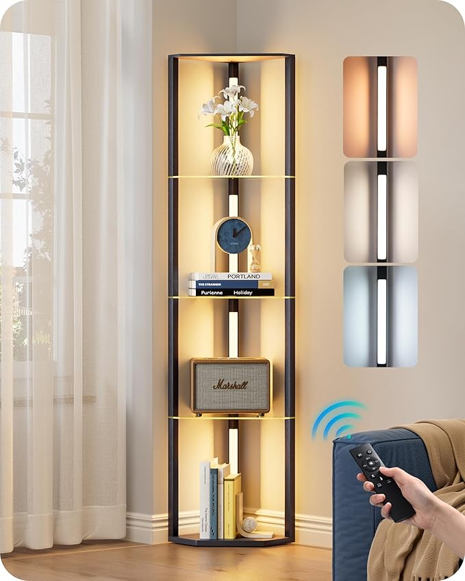 EDISHINE Floor Lamp with Shelves, 5-Tier Glass Display Shelf with Remote/Foot Control, 5CCT & Dimmable Corner Shelf Lamp, Open Display Cabinet, Floor Lamps for Living Room, Bedroom, Black