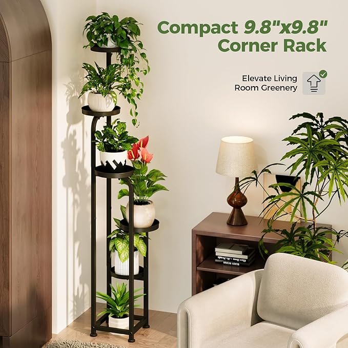 Bamworld Tall Plant Stand Indoor Outdoor Corner Metal Flower Pot Stands | 5 Tier Black Heavy Duty Plant Shelf for Multiple Plants Plant Table for Patio Garden Balcony Living Room Bedroom