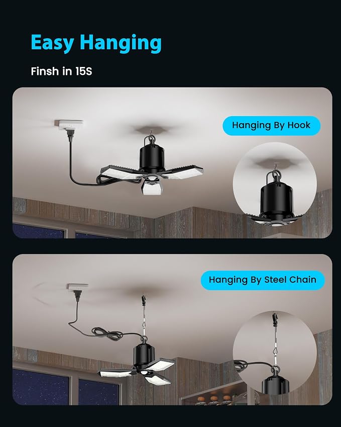 Motion Sensor Garage Light Plug-in, 80W, 8000LM, E26 Base, 2 Pack | Remote & Wall Switch Control, 3 Lighting Modes, Deformable LED Panels, 6500K Daylight, 360° Detection for Attic Barn