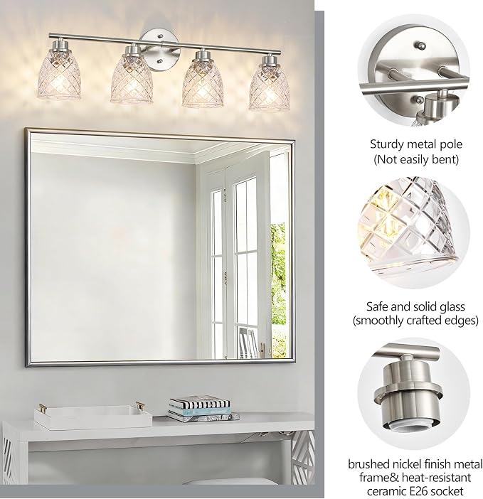 4-Light Vanity Light Over Mirror, Brushed Nickel Bathroom Light Fixtures | Modern Farmhouse Wall Sconces with Hammered Glass Lampshade for Kitchen Hallway Bedroom Living Room Cabinet Porch-27.5IN