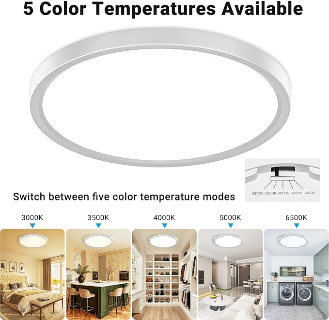 2 Pack LED Flush Mount Ceiling Light,12Inch 24W,3000K/3500K/4000K/5000K/6500K 5 Color Temperatures Ceiling Light Fixture for Kitchen Porch Hallway Bedroom Bathroom and Closet,Brushed Nickel