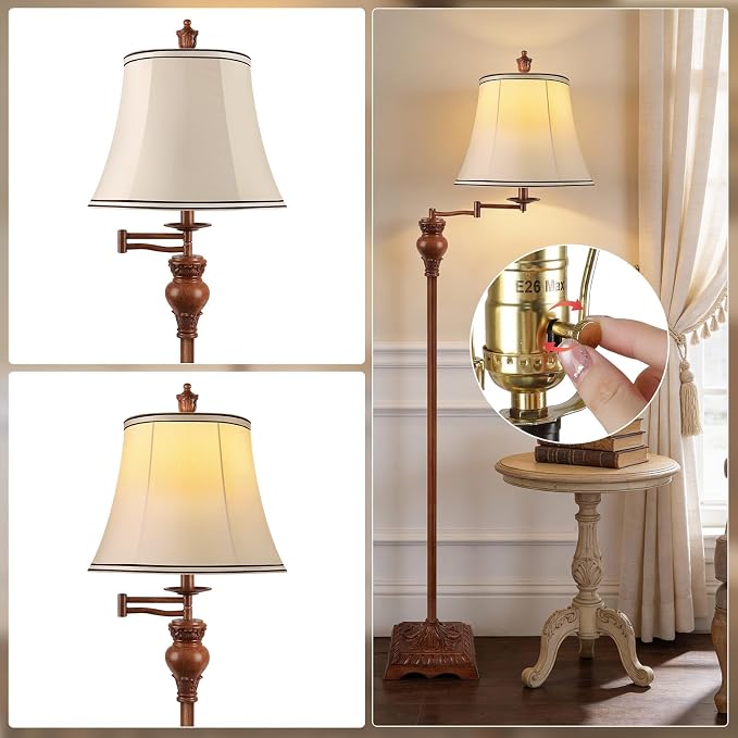 Vintage Floor Lamps for Living Room,Traditional 350° Adjustable Swing Arm Farmhouse Floor Lamp for Bedroom, Rustic Standing Lamp Pole Lamps for Reading, Home Décor and Office, Wood Grain