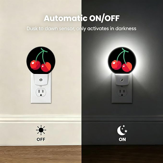 Nightlight Red Cherry Plug-in Night Lights Dusk to Dawn | Sweet Fruits Printed Night Light LED Round Lamp with Auto on/off Sensor for Kitchen Hallway Bedroom Bathroom