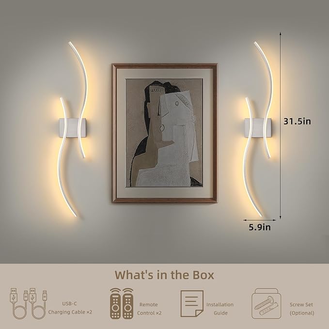 Battery Operated Wall Sconce Set of 2, Dimmable Modern LED Rechargeable Wall Light with Remote Control, Wall Decor for Living Room, Hallway, Quick Install, No Electrician Required